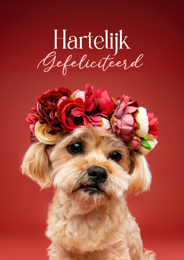 Verjaardagskaarten - Schattige verjaardagskaart van hondje met bloemenkrans