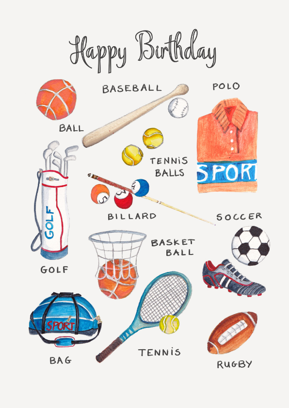 Verjaardagskaarten - Sportieve verjaardagskaart sport elementen