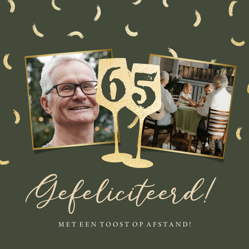Stijlvolle kaart met wijnglazen en confetti in goud - Verjaardagskaarten Verjaardagskaarten - Stijlvolle kaart met wijnglazen en confetti in goud