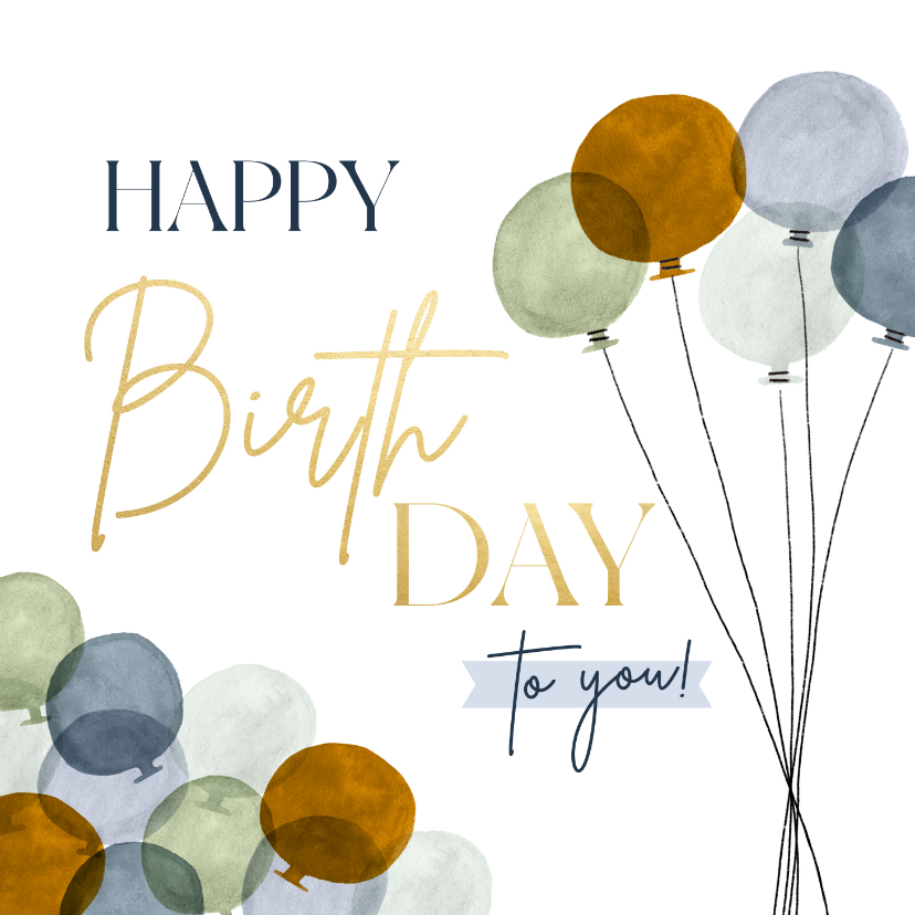Verjaardagskaarten - Stijlvolle verjaardagskaart happy birthday goud en ballonnen