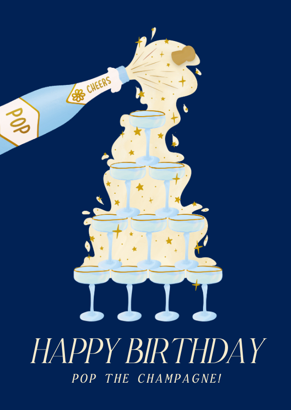 Verjaardagskaarten - Stijlvolle verjaardagskaart met champagnetoren in blauw