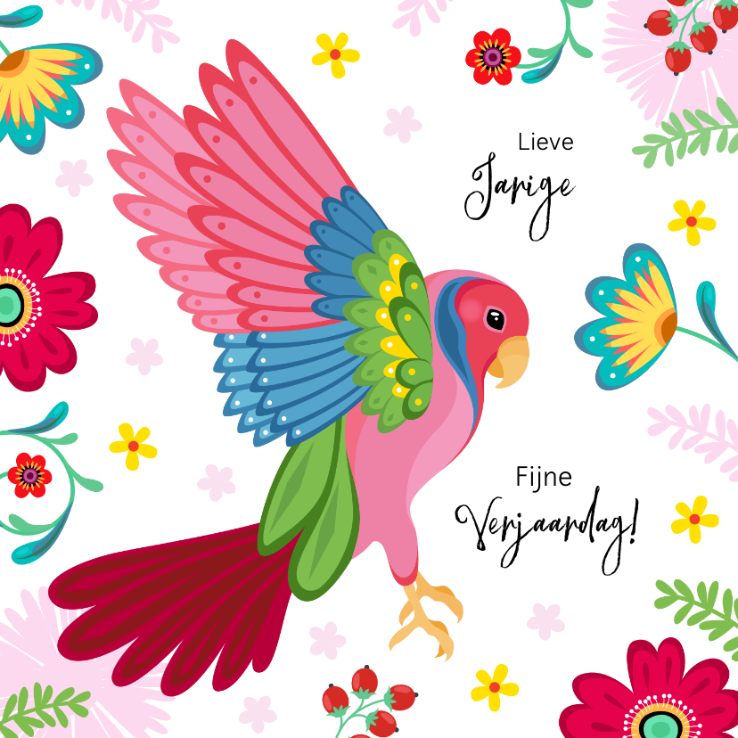 Verjaardagskaarten - Stijlvolle verjaardagskaart papegaai met bloemen en planten
