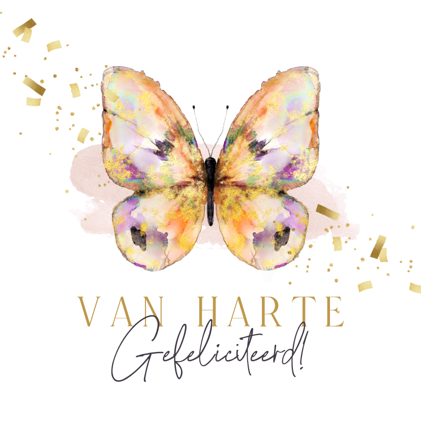 Verjaardagskaarten - Stijlvolle verjaardagskaart watercolor vlinder confetti goud
