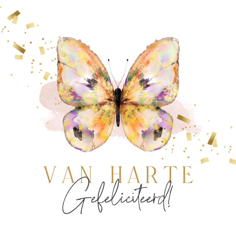 Stijlvolle verjaardagskaart watercolor vlinder confetti goud - Verjaardagskaarten Verjaardagskaarten - Stijlvolle verjaardagskaart watercolor vlinder confetti goud