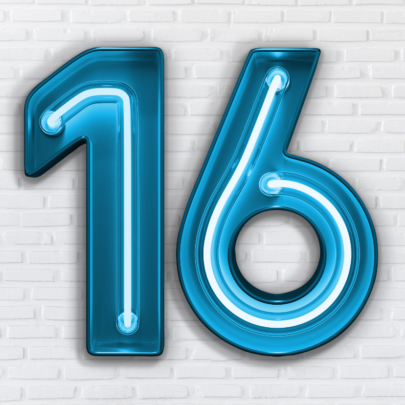 Stoere industriële kaart met 16 in blauwe neon letters - Verjaardagskaarten Verjaardagskaarten - Stoere industriële kaart met 16 in blauwe neon letters