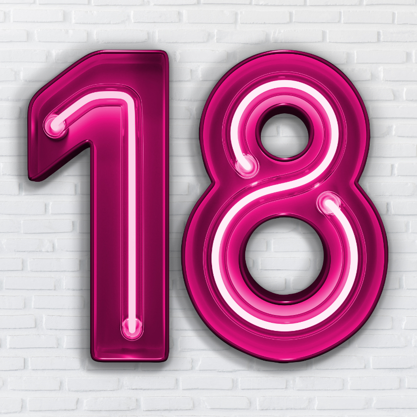 Stoere industriële kaart met 18 in roze neon cijfers - Verjaardagskaarten Verjaardagskaarten - Stoere industriële kaart met 18 in roze neon cijfers