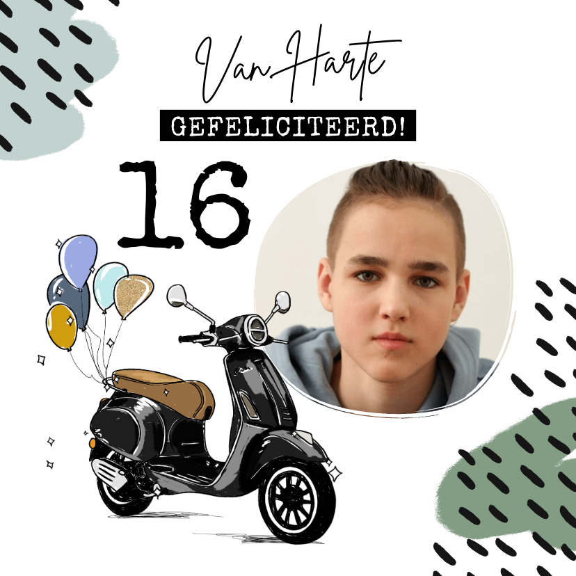 Verjaardagskaarten - Stoere kaart met geïllustreerde scooter en ballonnen