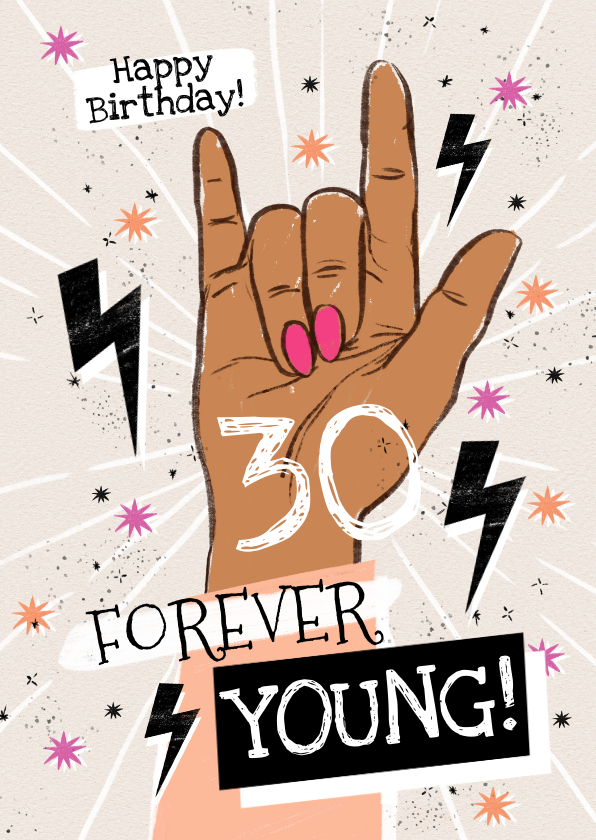 Verjaardagskaarten - Stoere verjaardagskaart ‘Forever young!’ rock bliksem ster