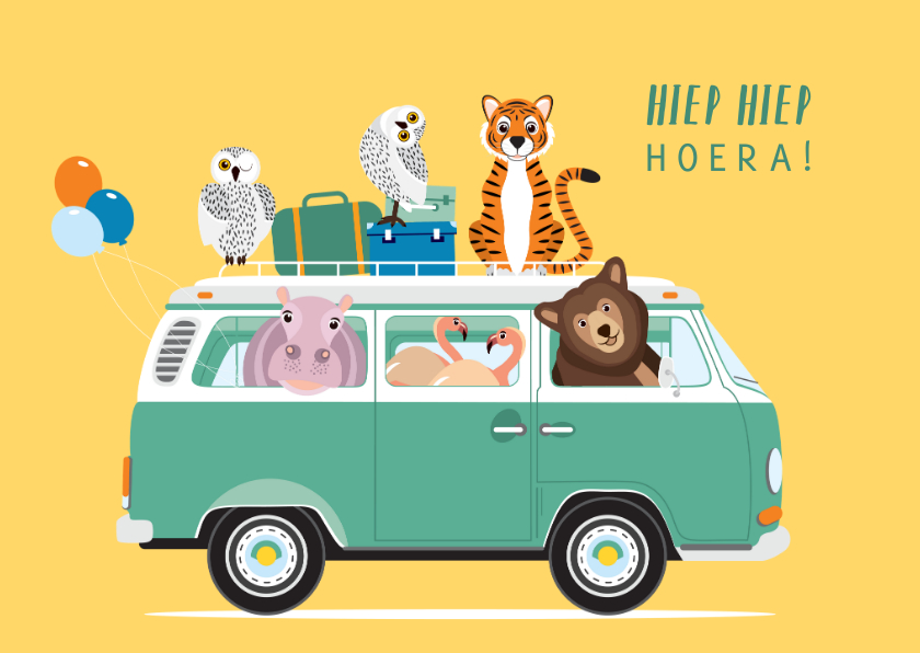 Verjaardagskaarten - Stoere verjaardagskaart met volkswagenbusje vol dieren