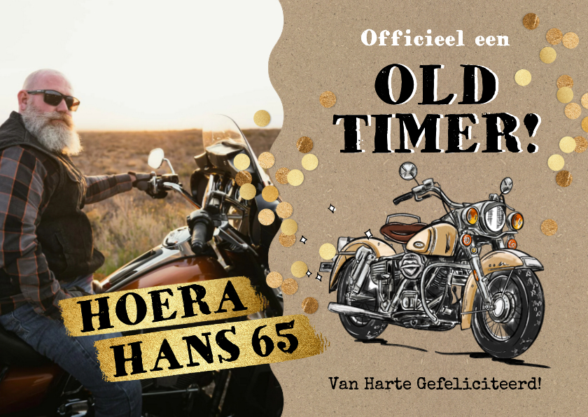 Verjaardagskaarten - Stoere verjaardagskaart motor oldtimer confetti goud foto