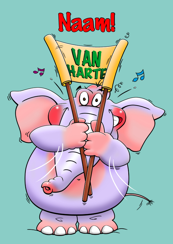 Verjaardagskaarten - Stoere verjaardagskaart olifant met spandoek: VAN HARTE!