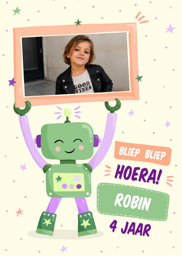 Stoere verjaardagskaart robot die fotolijst omhoog houdt - Verjaardagskaarten Verjaardagskaarten - Stoere verjaardagskaart robot die fotolijst omhoog houdt