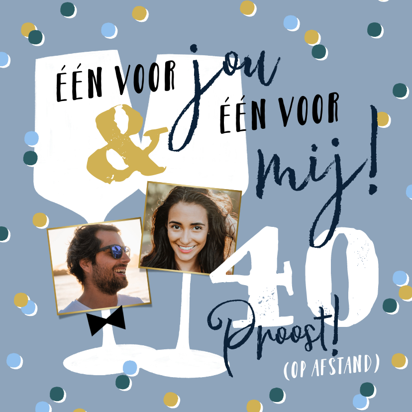 Verjaardagskaarten - Toffe kaart met wijnglazen, confetti en foto's