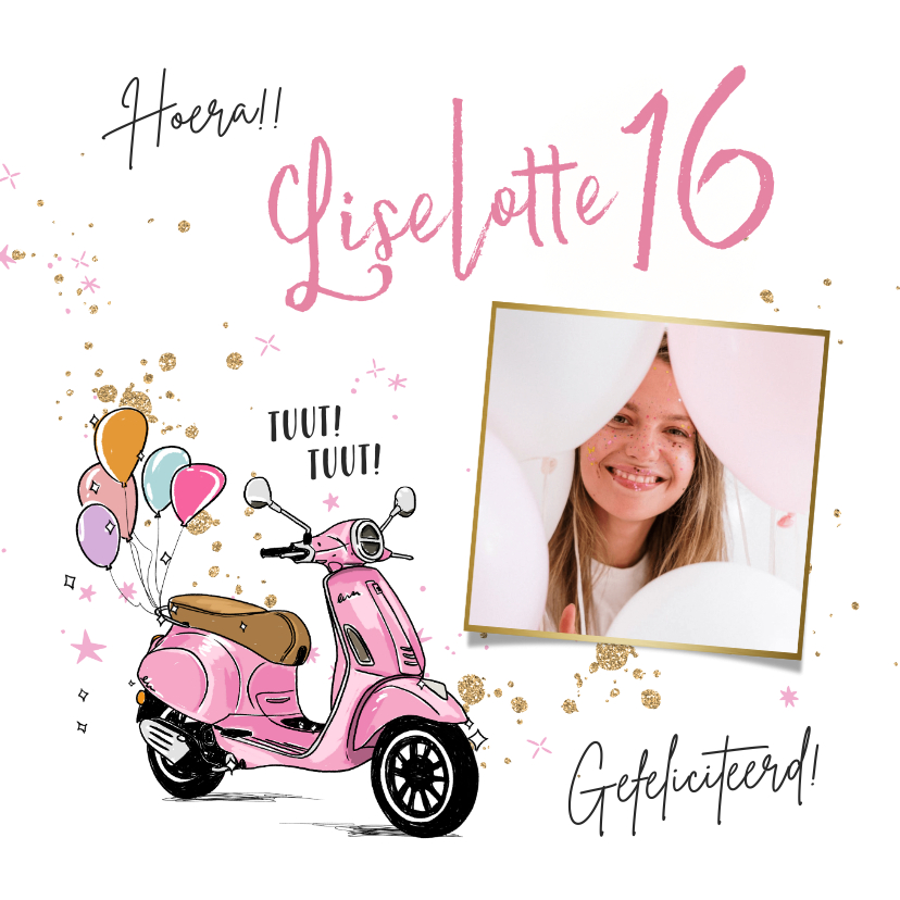 Verjaardagskaarten - Toffe verjaardagskaart met trendy scooter en ballonnen