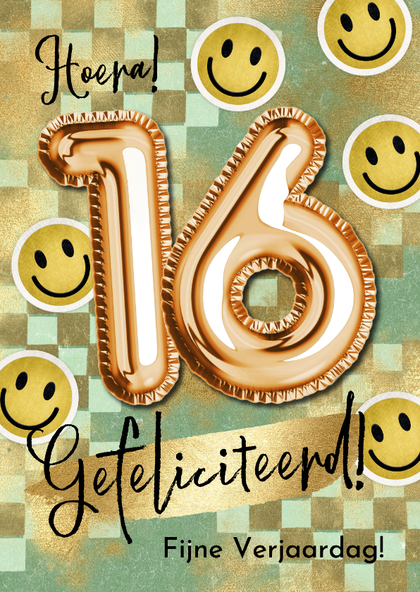 Trendy verjaardagskaart blokjes smileys folieballon goud - Verjaardagskaarten Verjaardagskaarten - Trendy verjaardagskaart blokjes smileys folieballon goud