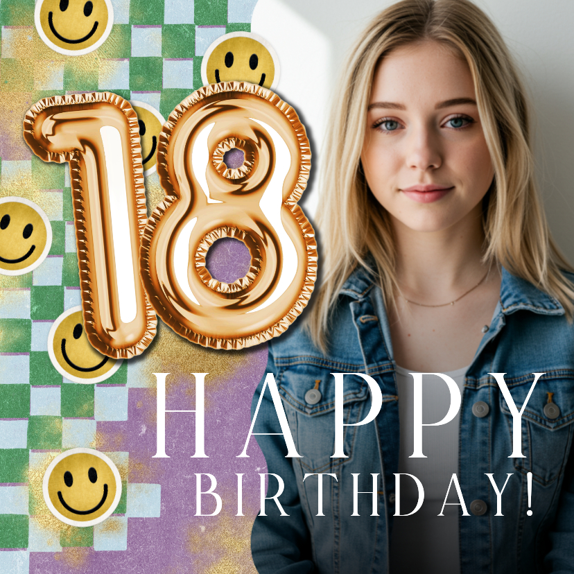 Trendy verjaardagskaart folieballon 18 jaar foto smiley goud - Verjaardagskaarten Verjaardagskaarten - Trendy verjaardagskaart folieballon 18 jaar foto smiley goud