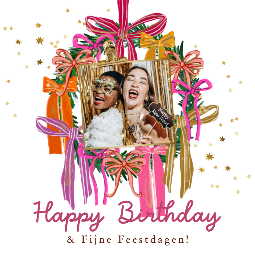 Trendy verjaardagskaart kerstkrans strikken goud foto ster - Verjaardagskaarten Verjaardagskaarten - Trendy verjaardagskaart kerstkrans strikken goud foto ster