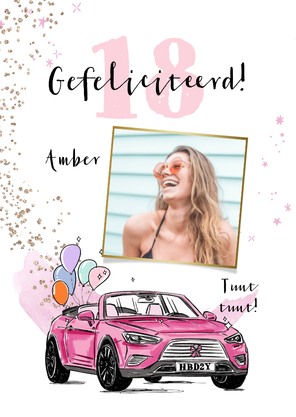 Verjaardagskaarten - Trendy verjaardagskaart met auto in roze en ballonnen