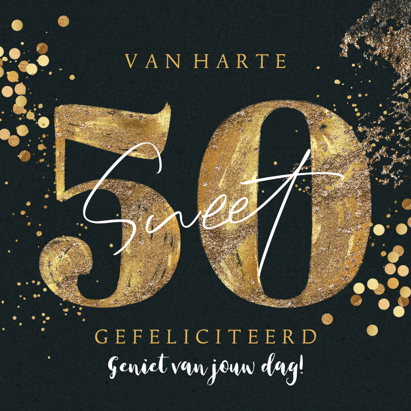 Verjaardagskaarten - Trendy verjaardagskaart 'Sweet 50' getal goud confetti