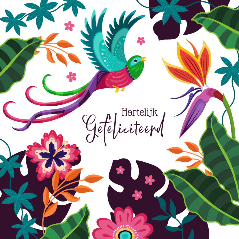 Verjaardagskaarten - Tropische verjaardagskaart met vogel en bloemen