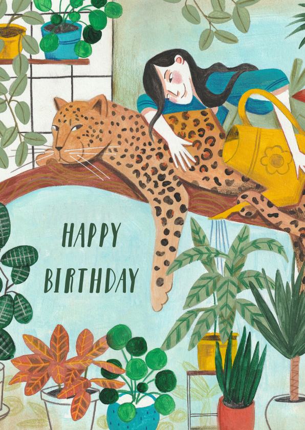 Verjaardagskaarten - Tuinieren met planten en luipaard verjaardagskaart