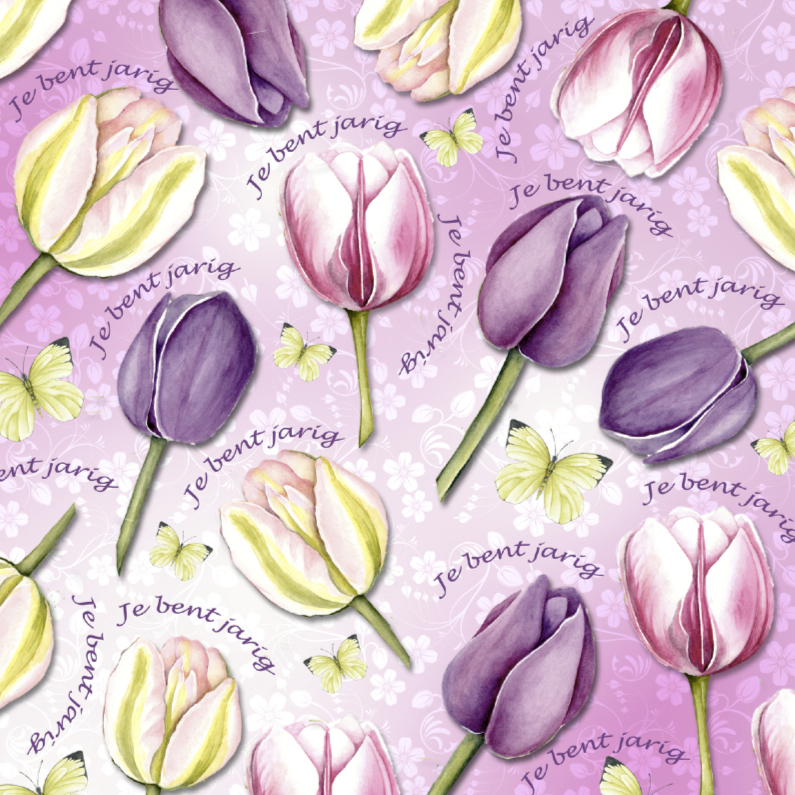 Tulpenkaart in roze met vlinders - Verjaardagskaarten Verjaardagskaarten - Tulpenkaart in roze met vlinders