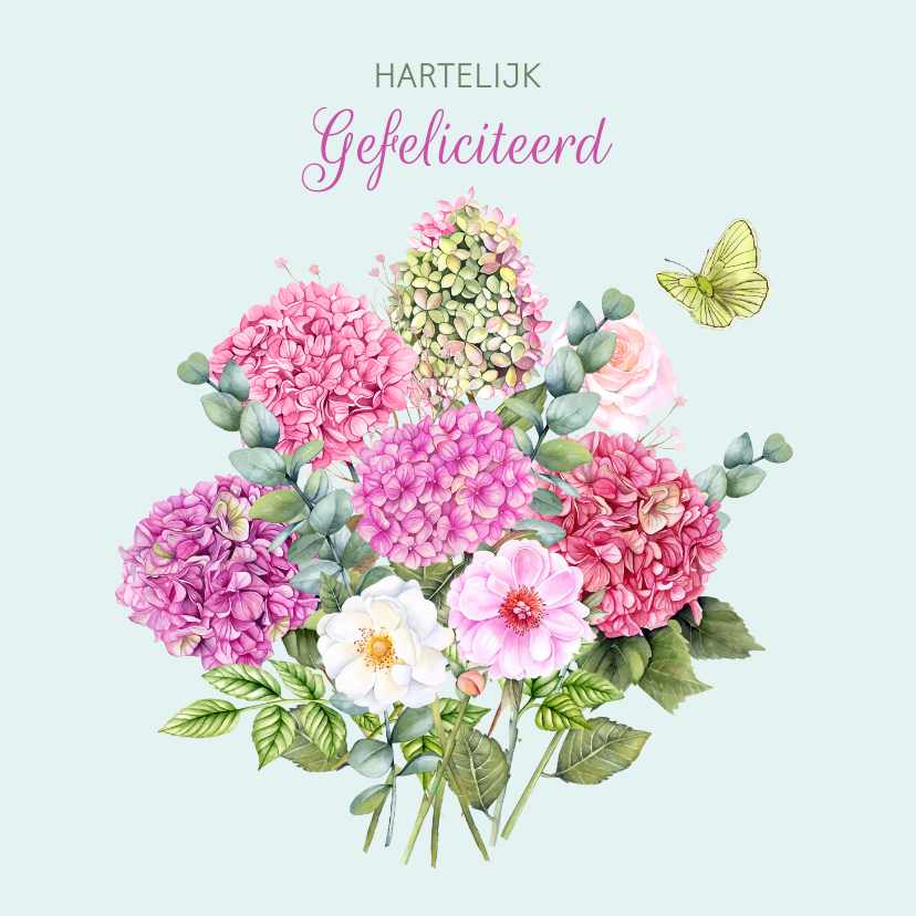 Verjaardagskaarten - Verjaardag boeket hortensiabloemen