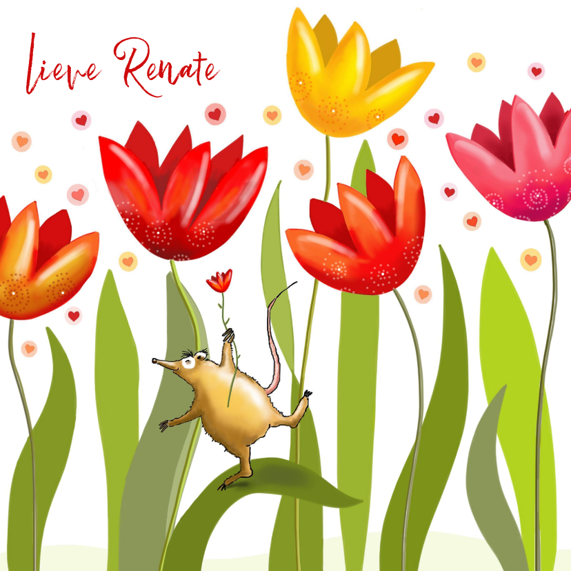 Verjaardag - Fantasie tulpen met feestbeestje - Verjaardagskaarten Verjaardagskaarten - Verjaardag - Fantasie tulpen met feestbeestje