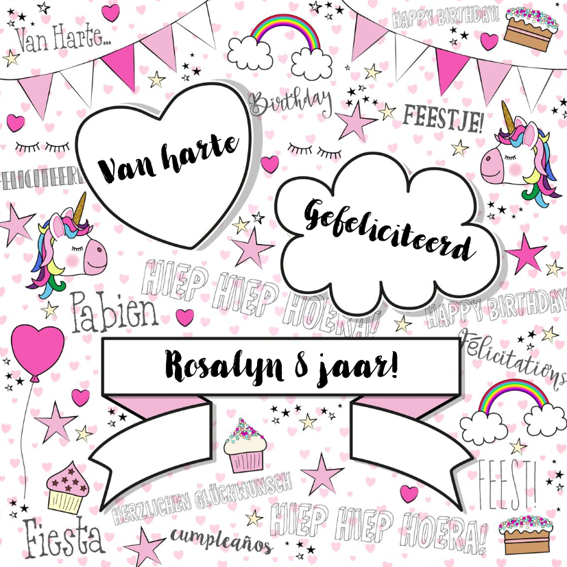 Verjaardagskaarten - Verjaardag feestelijke kaart handletteringstijl met unicorns