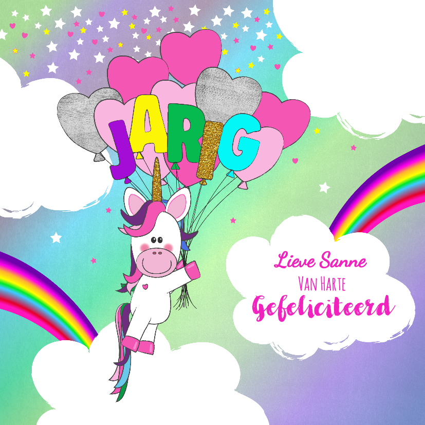 Verjaardagskaarten - Verjaardag hippe vrolijke felicitatie unicorn met  ballonnen