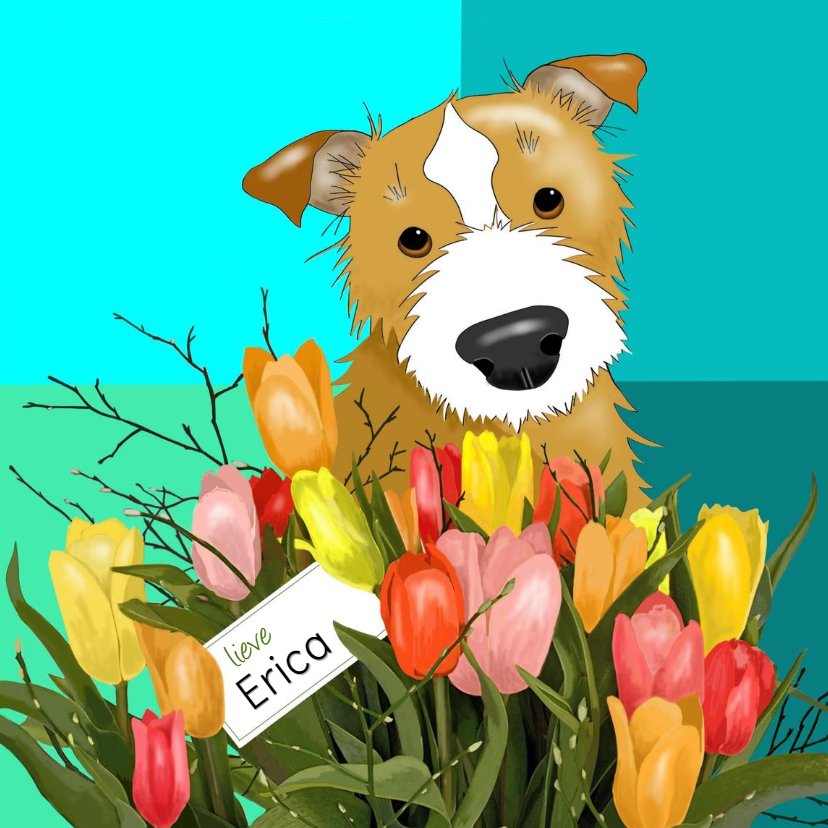 Verjaardagskaarten - Verjaardag - hond met tulpen