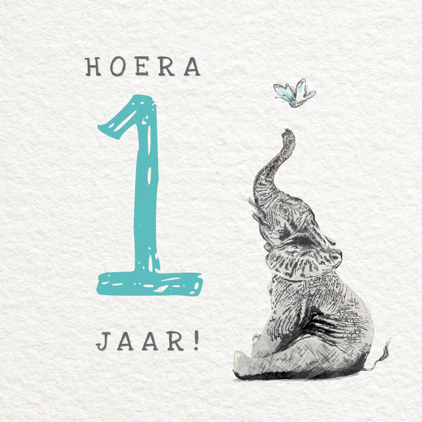 Verjaardagskaarten - Verjaardag Illustratie met Olifant - Hoera 1 jaar Jongen