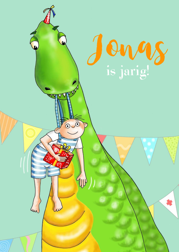 Verjaardagskaarten - Verjaardag - jarig jongetje met dinosaurus
