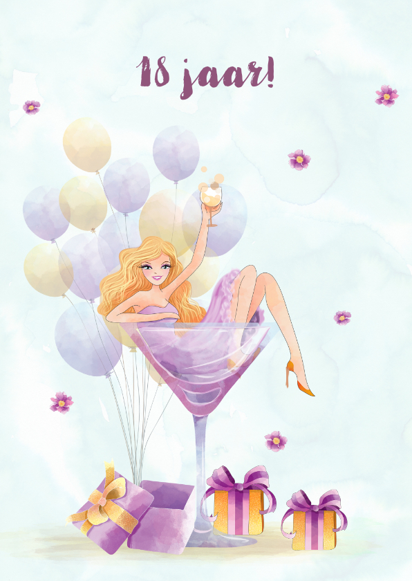 Verjaardagskaarten - Verjaardag jongedame met ballonnen en pakjes