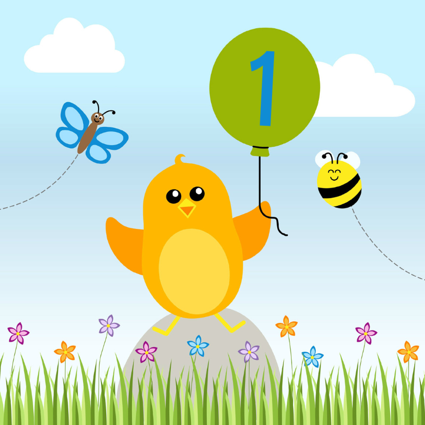 Verjaardag jongen oranje vogeltje met ballon - DD - Verjaardagskaarten Verjaardagskaarten - Verjaardag jongen oranje vogeltje met ballon - DD