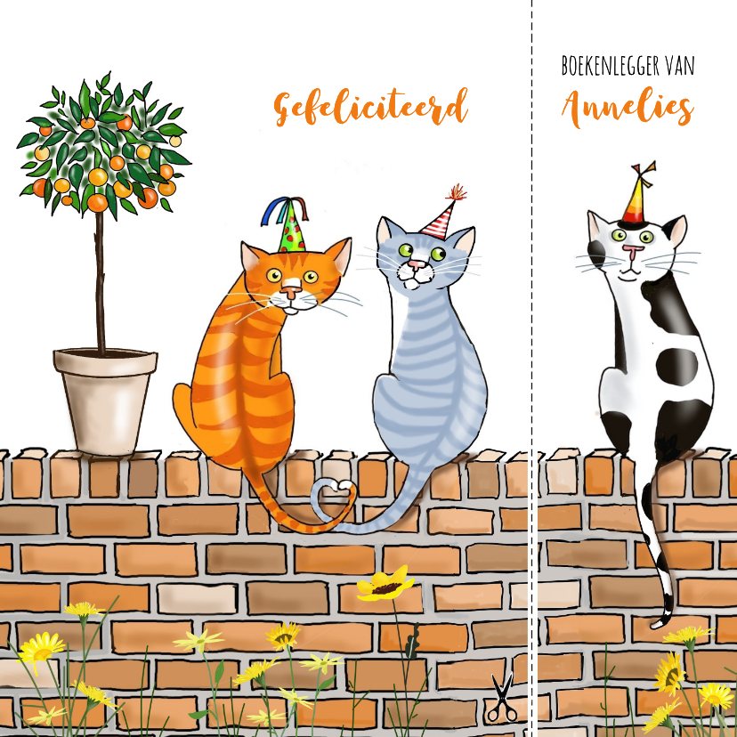 Verjaardagskaarten - Verjaardag - katten op muur boekenleggerkaart