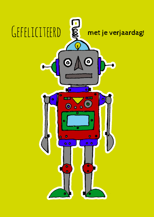 Verjaardag-kind-robot-geel-HR - Verjaardagskaarten Verjaardagskaarten - Verjaardag-kind-robot-geel-HR
