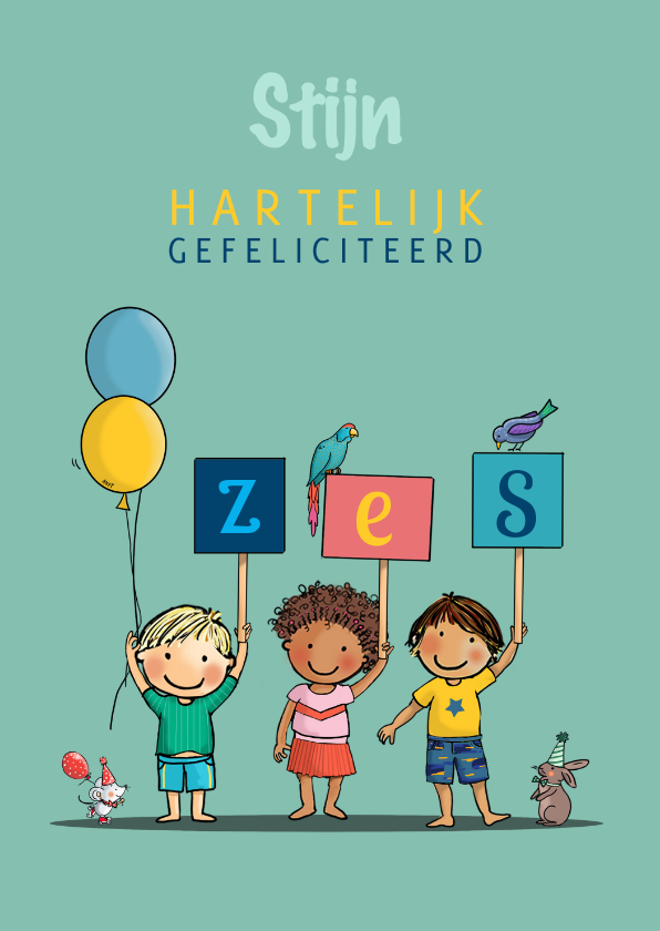Verjaardagskaarten - Verjaardag kinderen met bordjes zes