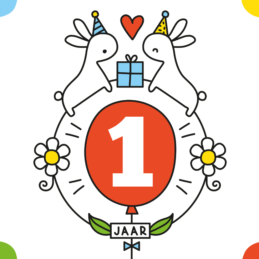 Verjaardag konijntjes en ballon - Verjaardagskaarten Verjaardagskaarten - Verjaardag konijntjes en ballon