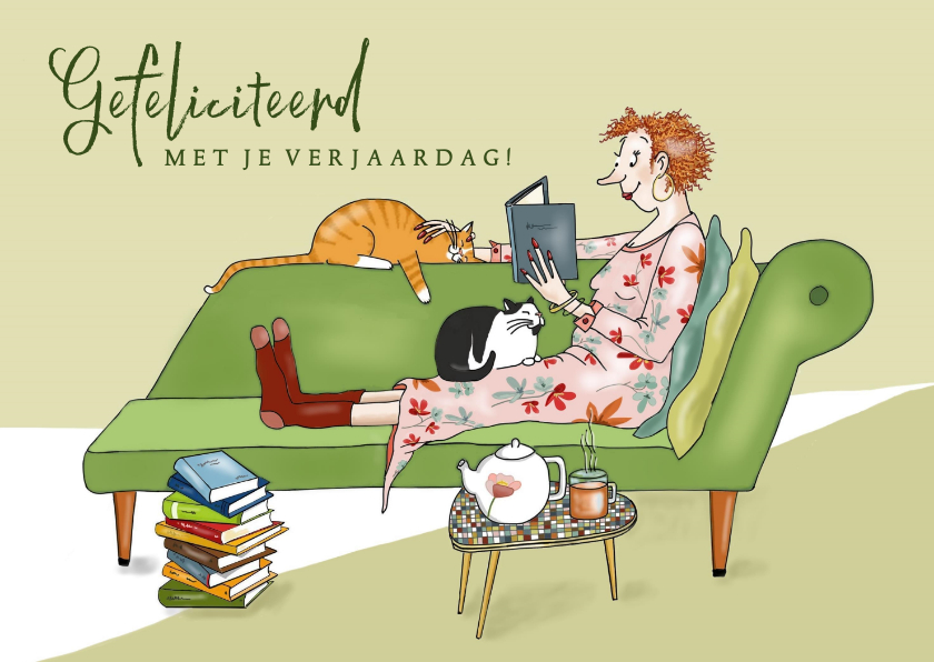 Verjaardagskaarten - Verjaardag - lezende vrouw met katten