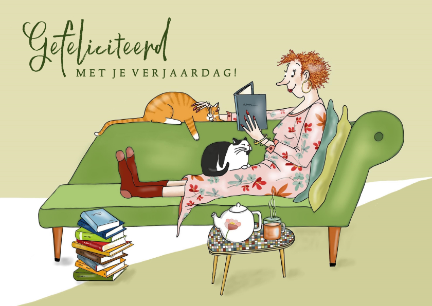 Verjaardag - lezende vrouw met katten - Verjaardagskaarten Verjaardagskaarten - Verjaardag - lezende vrouw met katten