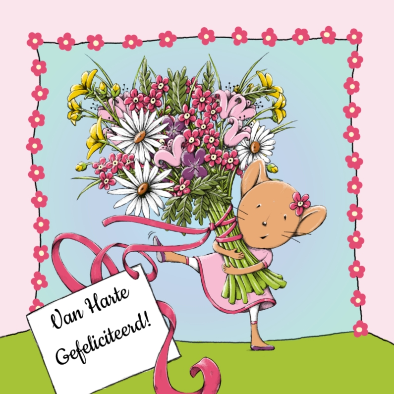 Verjaardagskaarten - Verjaardag muis en bloemen - IH