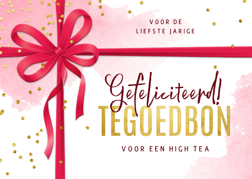 Verjaardag tegoedbon strik waterverf confetti roze - Verjaardagskaarten Verjaardagskaarten - Verjaardag tegoedbon strik waterverf confetti roze