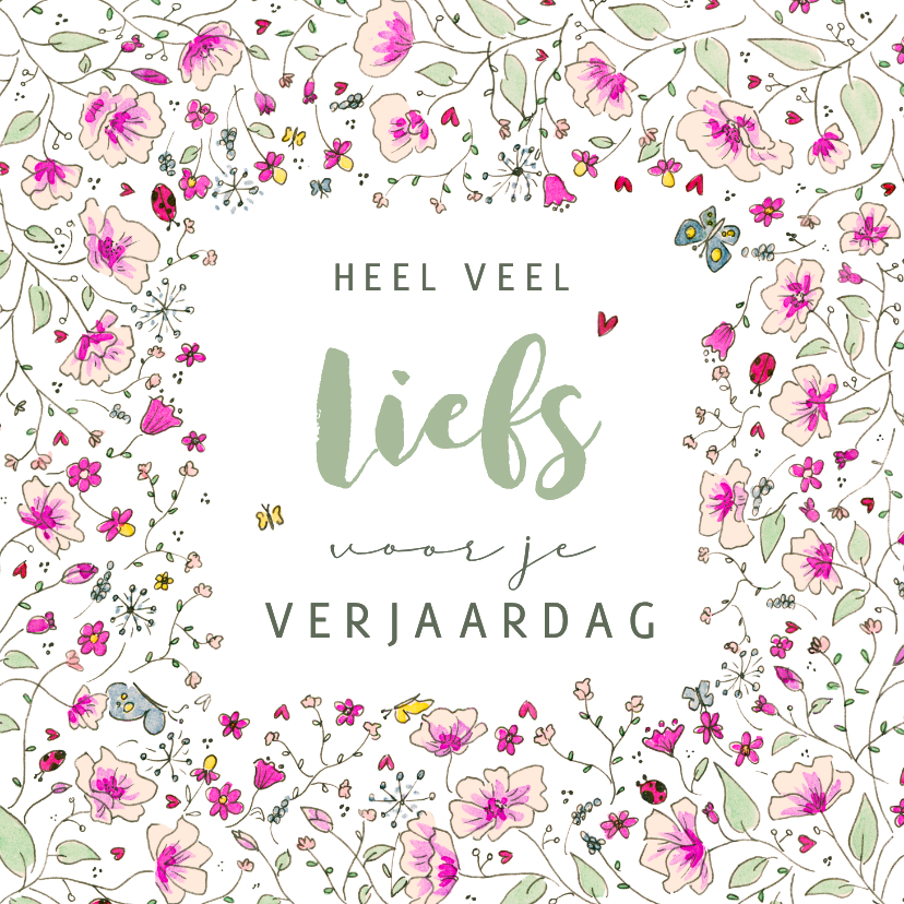 Verjaardagskaarten - Verjaardag vrolijk bloemenkader met vlinders