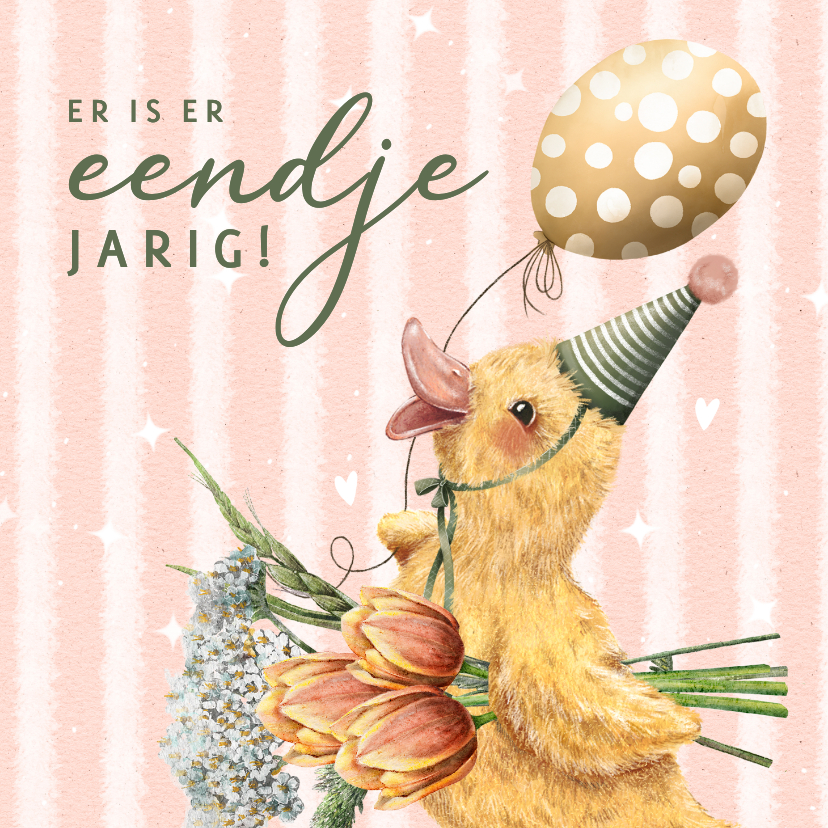 Verjaardagkaart eendje met bloemen en ballon - Verjaardagskaarten Verjaardagskaarten - Verjaardagkaart eendje met bloemen en ballon