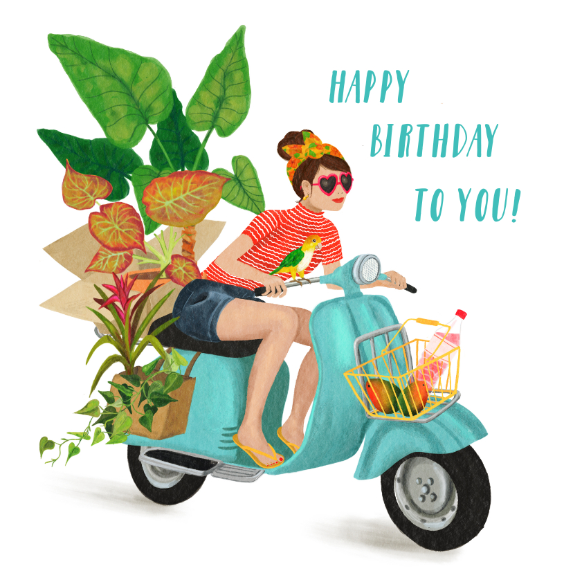 Verjaardagkaart, hip meisje op vintage scooter met plantjes - Verjaardagskaarten Verjaardagskaarten - Verjaardagkaart, hip meisje op vintage scooter met plantjes