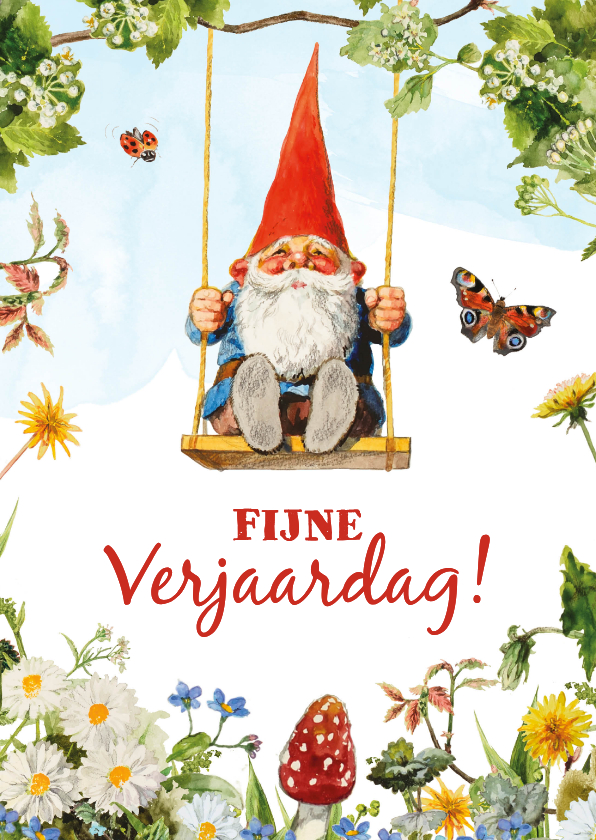 Verjaardagskaarten - Verjaardagkaart kabouter op schommel