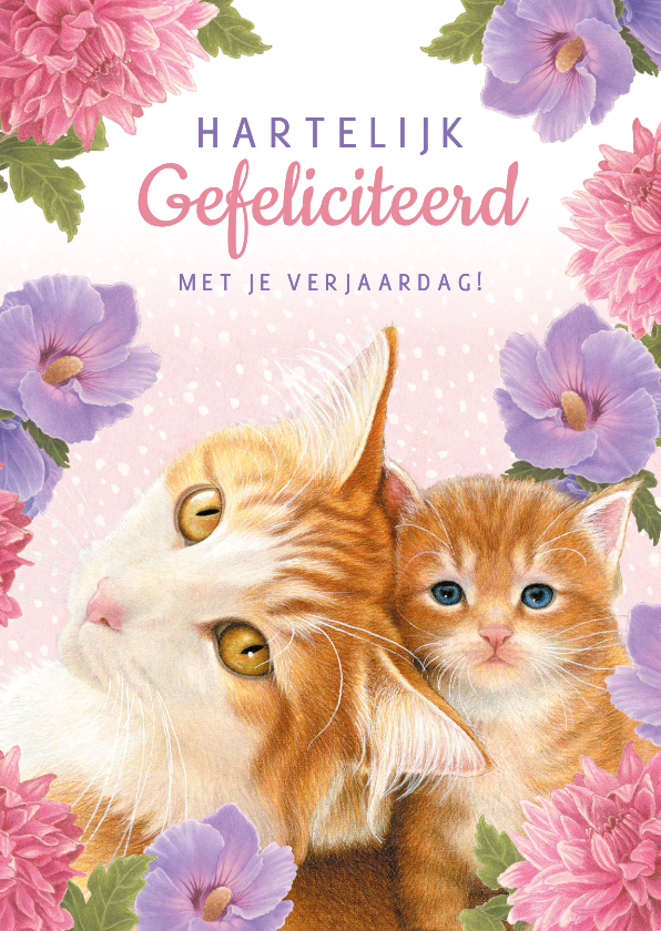 Verjaardagskaarten - Verjaardagkaart katten en bloemen