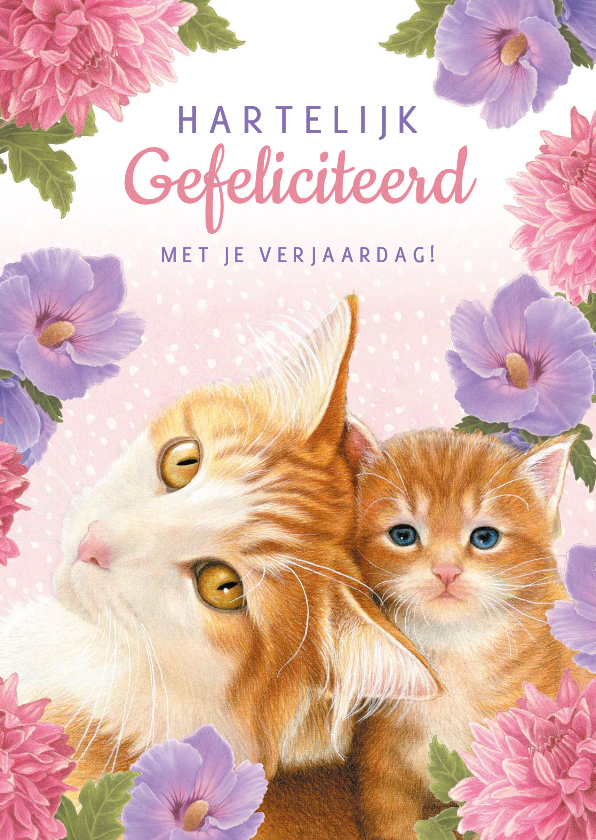 Verjaardagskaarten - Verjaardagkaart katten en bloemen