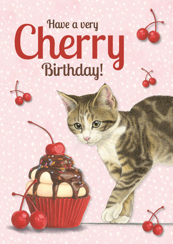 Verjaardagskaarten - Verjaardagkaart met kitten en kersen cupcake